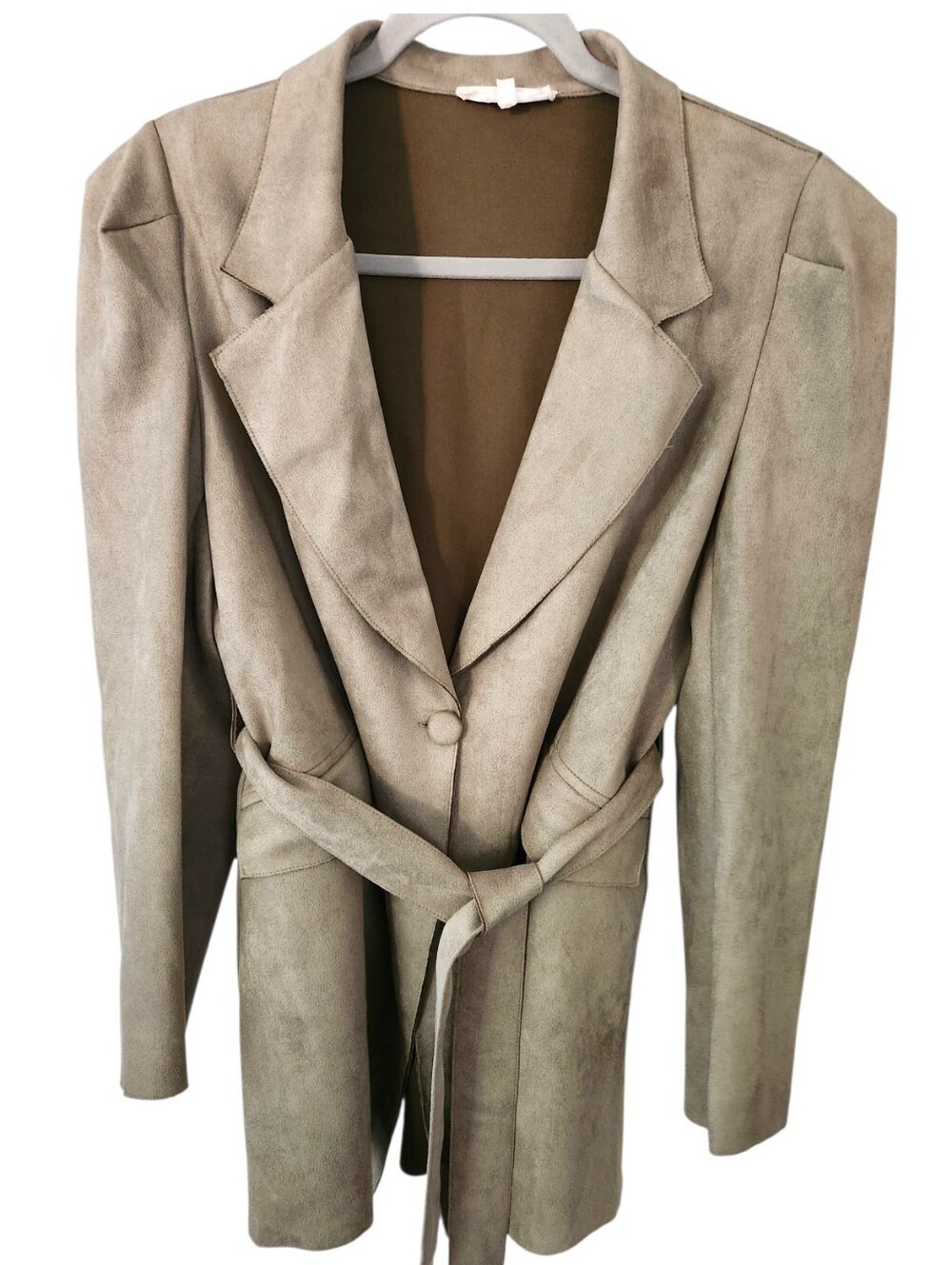 Solitaire Sage Green Faux Suede Belted Blazer Jacket Puff Sleeve Button Front LG - Picture 2 of 16